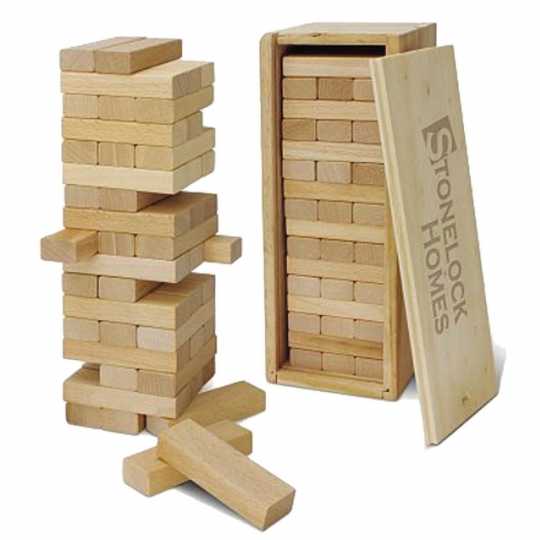 Holzspiel-Set Jenga günstig bedrucken mit Logo als Werbegeschenk ab 12