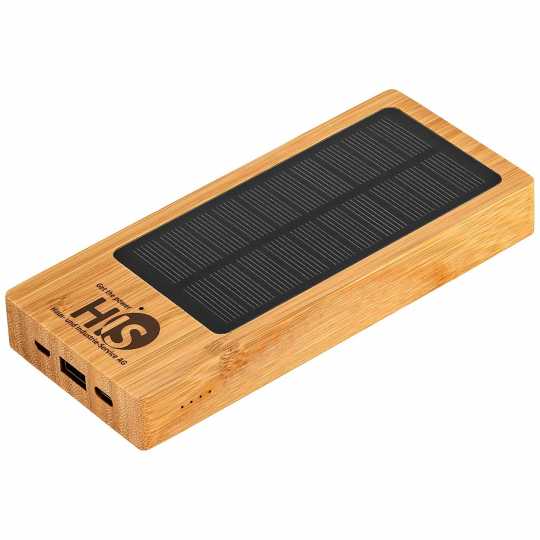 Solar Powerbank FSC Bambus 8000 mAh Bambus Powerbank als Werbeartikel  mit  Ihrem Logo  individuell bedrucken oder gravieren  nachhaltige Powerbank  als Werbegeschenk jetzt bei WIPEX bestellen - WIPEX Werbemittel,  Werbeartikel & Giveaways